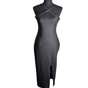 Heart & Hips Ribbed Sleeveless Midi Dress Crossover Neckline Front Slit Women L